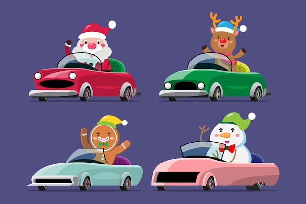 Der weihnachtsmann und sein team fahren ein auto, um weihnachtsgeschenke an kinder auf der ganzen welt zu schicken. frohe weihnachten-ausschnittelement für weihnachtskarten, einladungen und website-feierdekoration