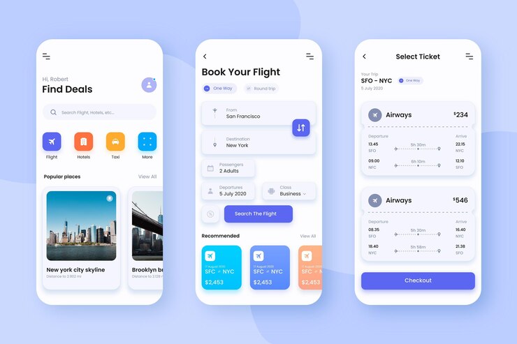 Kostenlose Vektor design der benutzeroberfläche der reise-app