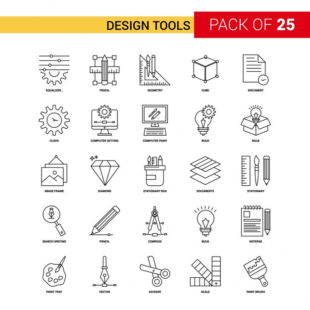 Design-Tools Schwarze Linie Symbol - 25 Business Outline Icon Set