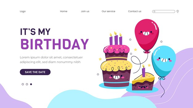 Kostenloser Vektor design-vorlage für geburtstags-landingpage