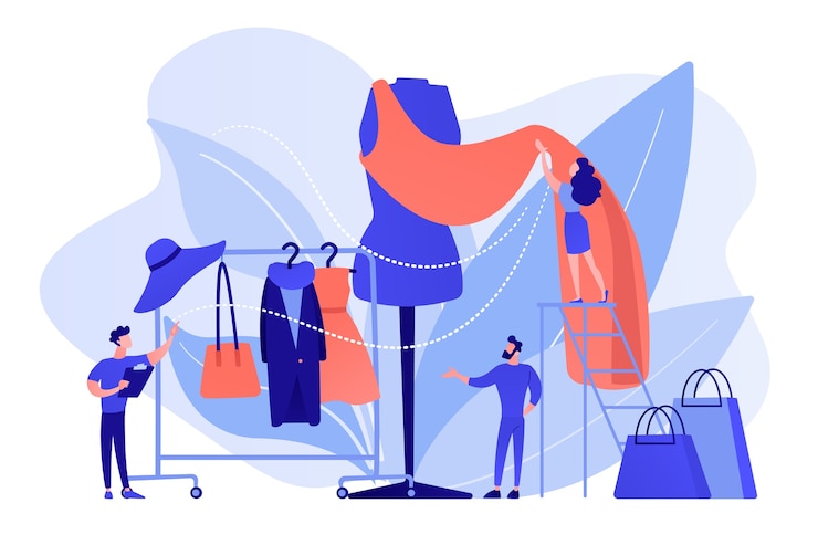 Kostenlose Vektor designer-team arbeitet an einer neuen kleiderkollektion und einem stück stoff auf einer schaufensterpuppe. modebranche, bekleidungsmarkt, modegeschäftskonzept. isolierte illustration des rosa korallenblauvektors