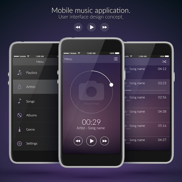 Kostenloser Vektor designkonzept der mobilen benutzeroberfläche mit symbolen und webelementen für die isolierte vektorillustration der musikanwendung