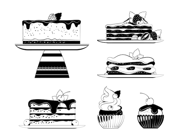 Desserts, die umrisse mit isolierten vorderansichtbildern von kleinen und großen kuchen mit topping-vektorillustration zeichnen