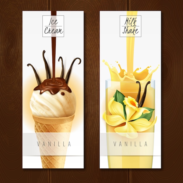 Desserts mit vanillegeschmack 2 appetitliche vertikale realistische banner mit eiscreme und milchshake isoliert