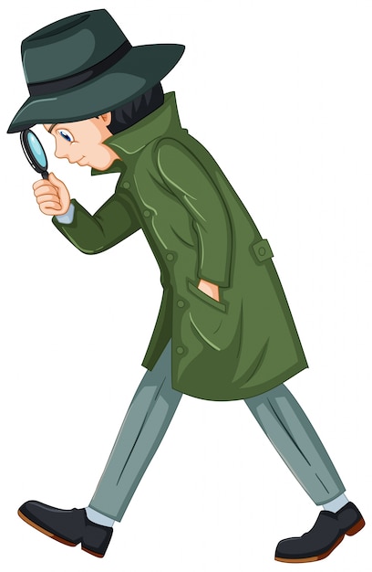Detektiv im grünen mantel mit lupe