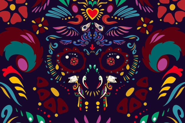 Dia de los muertos cartoon ornament, mexikanischer tag der toten themenmuster mit vogelskeletten im traditionellen alebrije-stil, blumen und federn, mexiko feiertage volksmotiv, vektorillustration