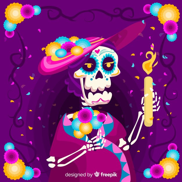 Día de Muertos-Konzept mit flachem Designhintergrund