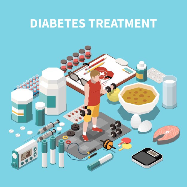 Diabetes-isometrisches Konzept mit verschiedenen Pillen und medizinischer Behandlungsvektorillustration