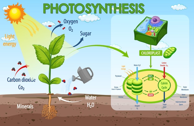 Kostenloser Vektor diagramm, das den prozess der photosynthese in pflanzen zeigt