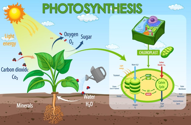 Diagramm, das den prozess der photosynthese in pflanzen zeigt