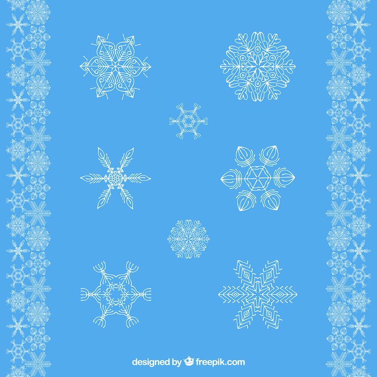 Kostenlose Vektor die auswahl der dekorativen schneeflocken mit blauem hintergrund