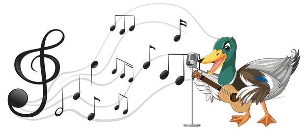Die Ente spielt Gitarren-Ukulele mit Musiknote
