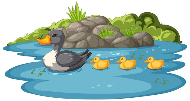 Die entenfamilie genießt den teich Kostenlose Vektor