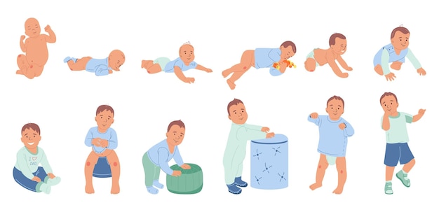 Die entwicklungsstadien des babys sind flache symbole, eine reihe kleiner kinder-cartoon-figuren von der geburt bis zum jahr, isolierte vektorillustration