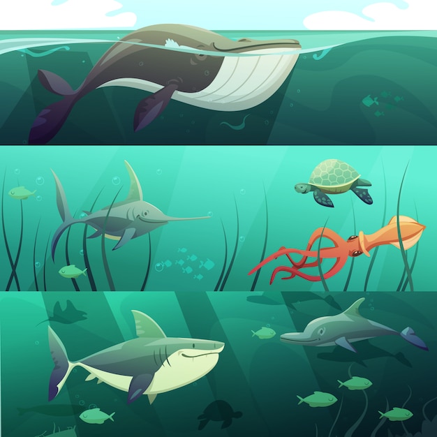 Die horizontalen Fahnen der Retro- Karikatur der Unterwassermeeresflora und -fauna, die mit riesigen Haifischfisch-Delphinschildkröten eingestellt werden, ist