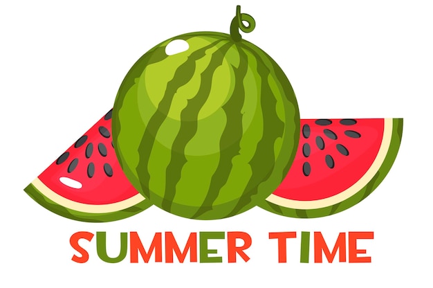 Die Inschrift Sommerzeit und saftige reife Wassermelone. Ganz und Scheiben süße rote Wassermelone.
