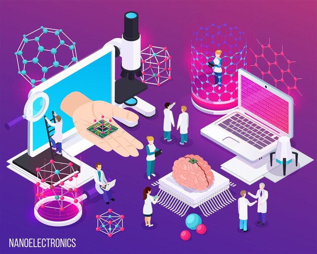 Die isometrische Zusammensetzung der Nanoelektronik mit Symbolen zeigte wissenschaftliche Errungenschaften in der Mikrobiologie und der modernen Medizin