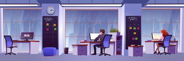 Die leute arbeiten im büro mit regen außerhalb des fensters