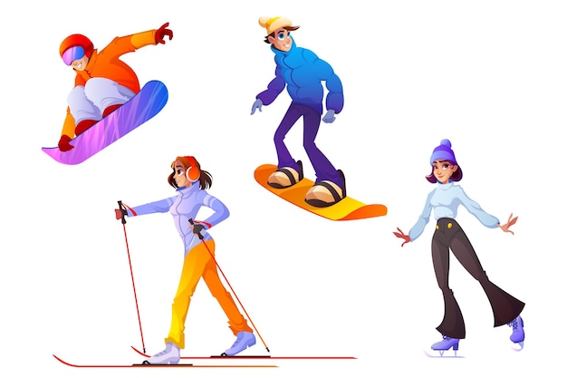 Die leute betreiben wintersport. glückliche männer und frauen in warmer kleidung fahren snowboard, gehen mit skiern und schlittschuhen. zeichentrickfiguren wintersaison aktive erholung, aktivitätsunterhaltung, vektorset