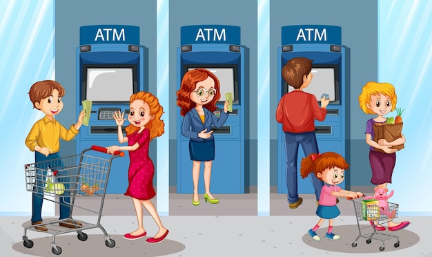 Kostenloser Vektor die leute ziehen geld vom geldautomaten ab