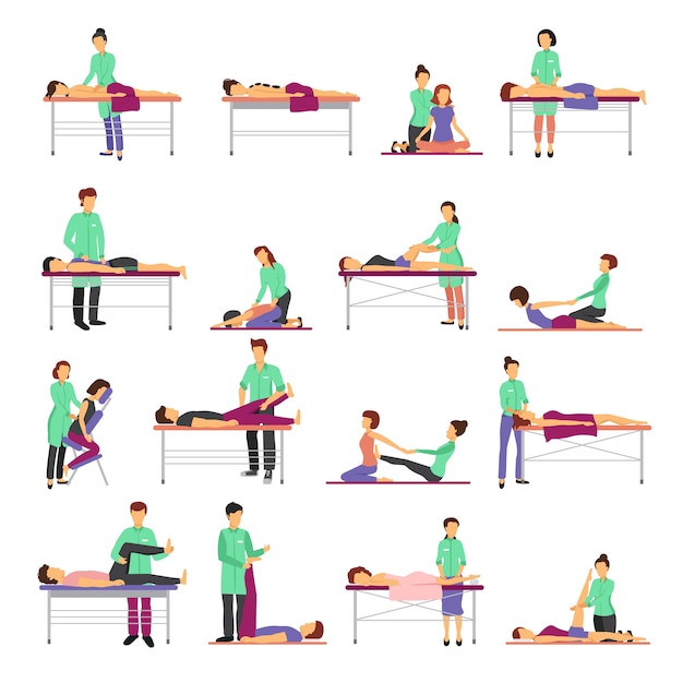 Die massageikonen, die mit gesundheitswesensymbolebene eingestellt wurden, lokalisierte vektorillustration