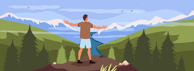Kostenloser Vektor die menschen entspannen sich in einer flachen illustration mit einem mann, der auf der bergspitze steht und die ansichtsvektorillustration betrachtet
