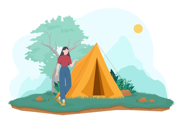 Die touristische frau, die vor dem campingzelt steht, naturabenteuercampingillustration im freien.