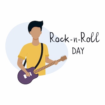 Die welt des rock'n'roll des tages. ein mann mit einer e-gitarre. schriftzug-hand-schriftzug-stil. vektorillustration des gitarristen für den feiertag vom 13. april.