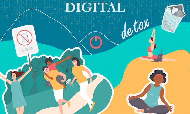 Kostenloser Vektor digitale detox-flache bunte collage mit menschen, die ohne smartphones spazieren gehen und sich entspannen, vektorillustration