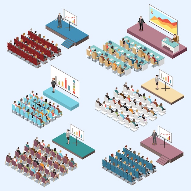 Kostenloser Vektor digitale lcd-bildschirmpräsentationen des konferenzsaal-whiteboards auf dem isometrischen satz des podiumsteilnehmerpublikums lokalisierte vektorillustration