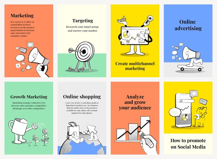 Kostenlose Vektor digitale marketing-banner-vorlagen bunte doodle-illustrationen für die geschäftssammlung