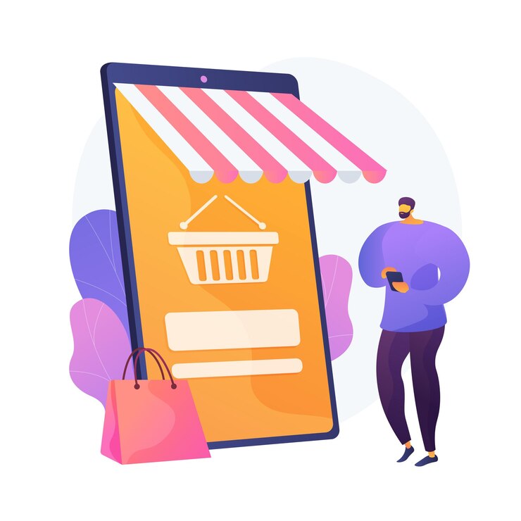 Kostenlose Vektor digitale marktplatzanwendung. remote-geschäft. e-commerce, internet-shop, mobilfunkmarkt. kunde mit smartphone-zeichentrickfigur. vektor isolierte konzeptmetapherillustration