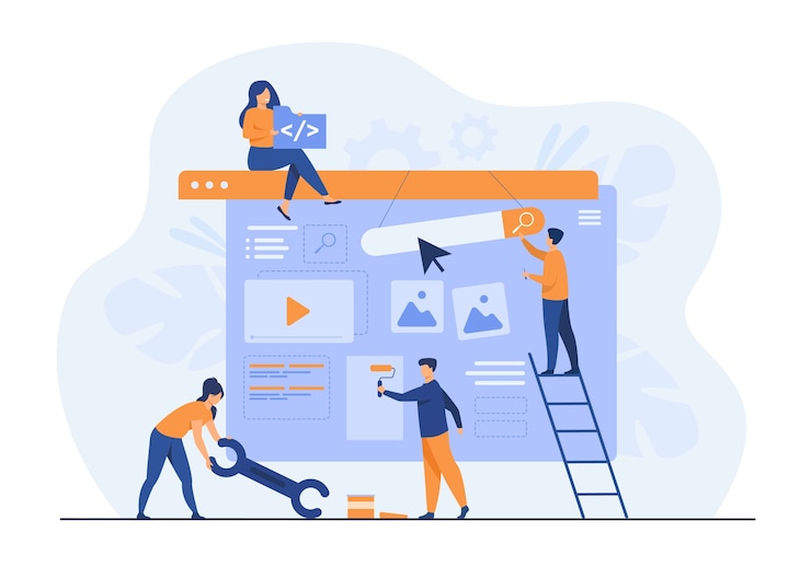 Kostenlose Vektor digitales marketing-team, das landing oder homepage erstellt.