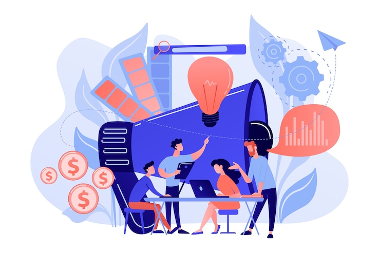 Kostenlose Vektor digitales marketing-team mit laptops und glühbirne. marketing-team-metriken, marketing-team-leiter und verantwortungskonzept auf weißem hintergrund.