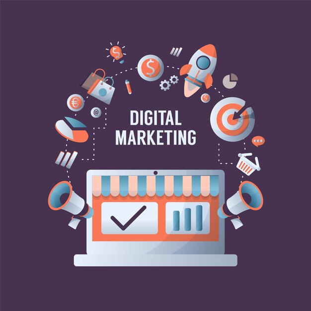 Digitales Marketingkonzept mit flacher Online-Werbung und Mediensymbolen