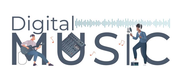 Digitales musik-flat-header-konzept mit sprachdiagrammsignal, großen buchstaben und kleinen mannfiguren mit gitarren- und mikrofonvektorillustration