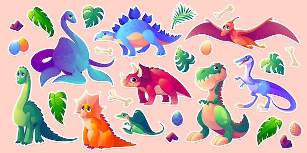 Kostenloser Vektor dinosaurier stickerpack dino zeichentrickfiguren set