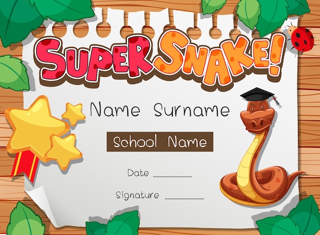 Diplom- oder Zertifikatsvorlage für Schulkinder mit Superschlangen-Cartoon-Figur
