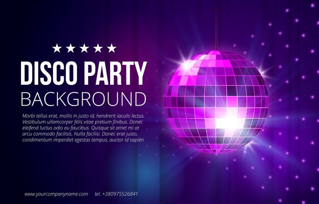 Disco Party Hintergrund. Ball, Nachtclub und Nachtleben, helle und glänzende Kugel, Vektorillustration