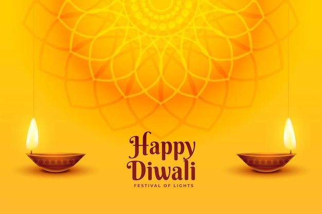 Diwali-wunschkarte im mandala-stil auf gelbem hintergrund