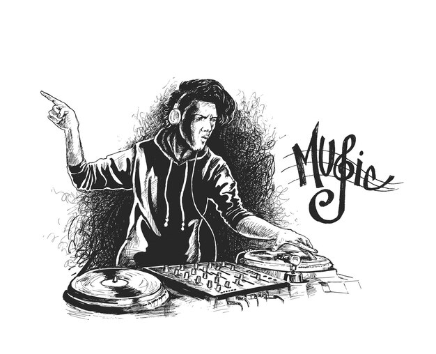 DJ mit dem Bart, der Musik auf Turntables mischt Hand gezeichnete Skizzen-Vektorillustration