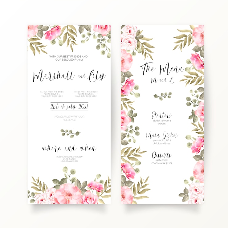 Kostenlose Vektor dl hochzeitseinladung und menüvorlage mit zarten rosa blüten