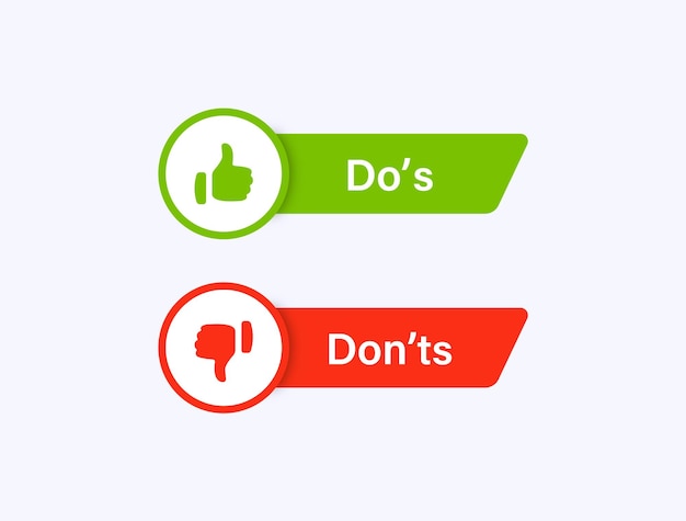 Do und dont like und dislike icon button oder dos und donts mit daumen nach oben nach unten icons label banner Premium Vektoren