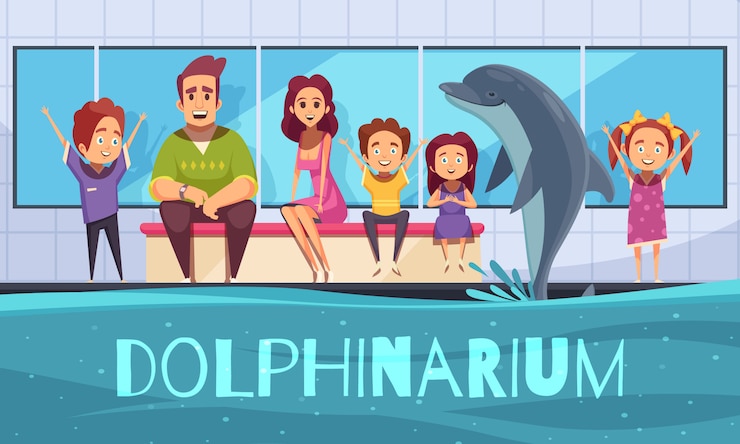 Kostenlose Vektor dolphinarium illustration mit familien, die ein spektakel sehen