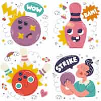 Kostenloser Vektor doodle handgezeichnete bowling-sticker-sammlung