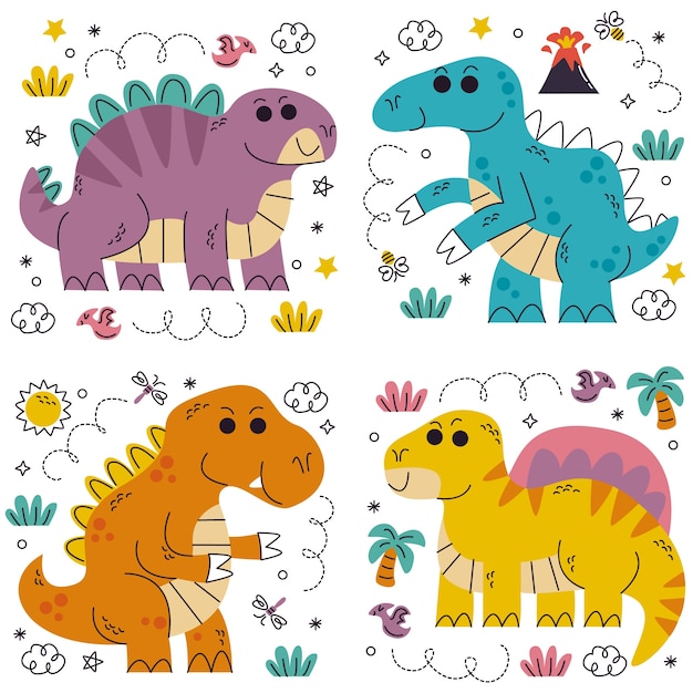 Doodle handgezeichnete dinosaurier-aufkleber-sammlung