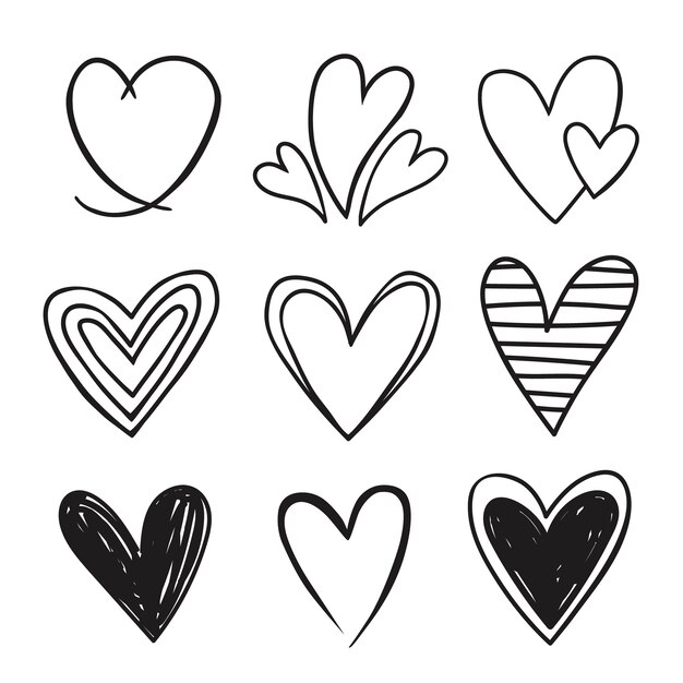 Doodle handgezeichnete Herz-Zeichnungsillustrationen