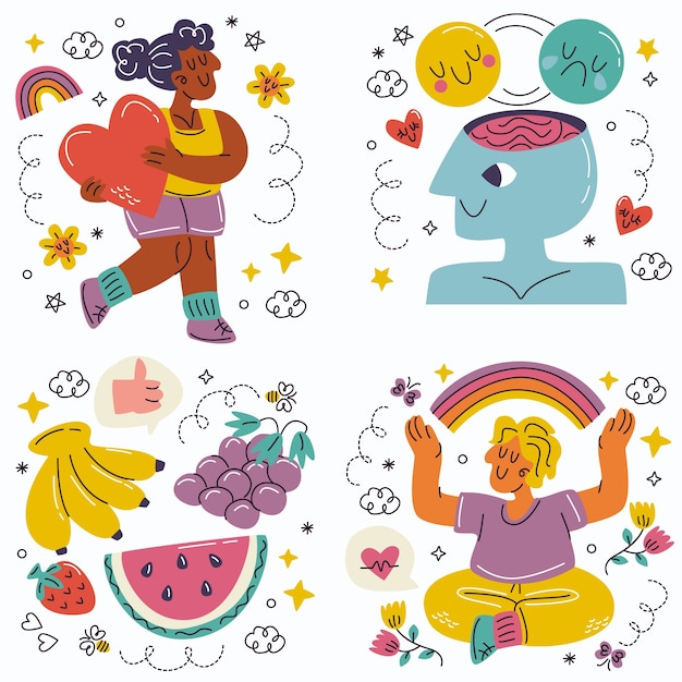 Kostenloser Vektor doodle handgezeichnete sammlung von gesundheitsaufklebern