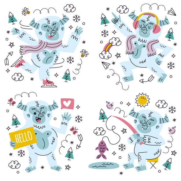 Doodle handgezeichnetes Yeti-Sticker-Set