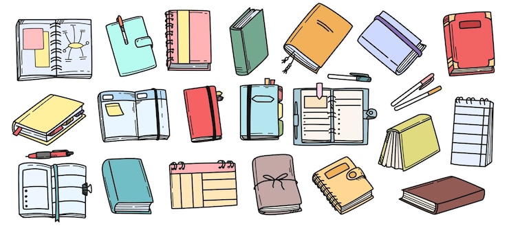 Kostenlose Vektor doodle-illustrationssatz aus bunten bullet-journal-notizbüchern, briefpapier und planern